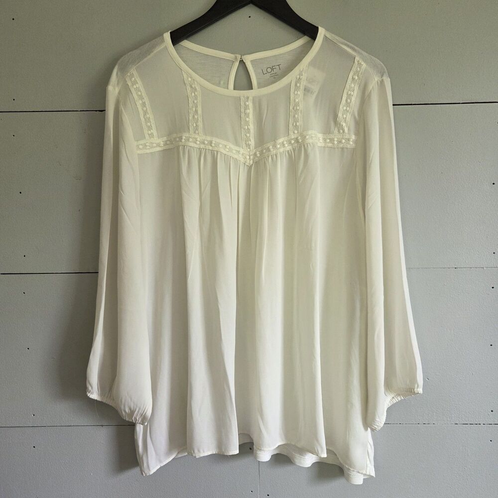 LOFT Outlet White Lace Accent Lightweight Long Sleeve Round Neck Blouse XL